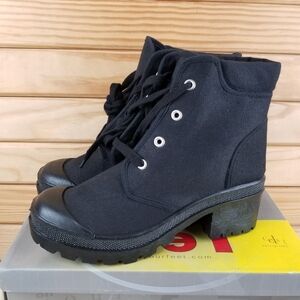 Black Canvas 9 US Combat Military Biker Moto Ankle Boot Lace up Block Heeled NEW